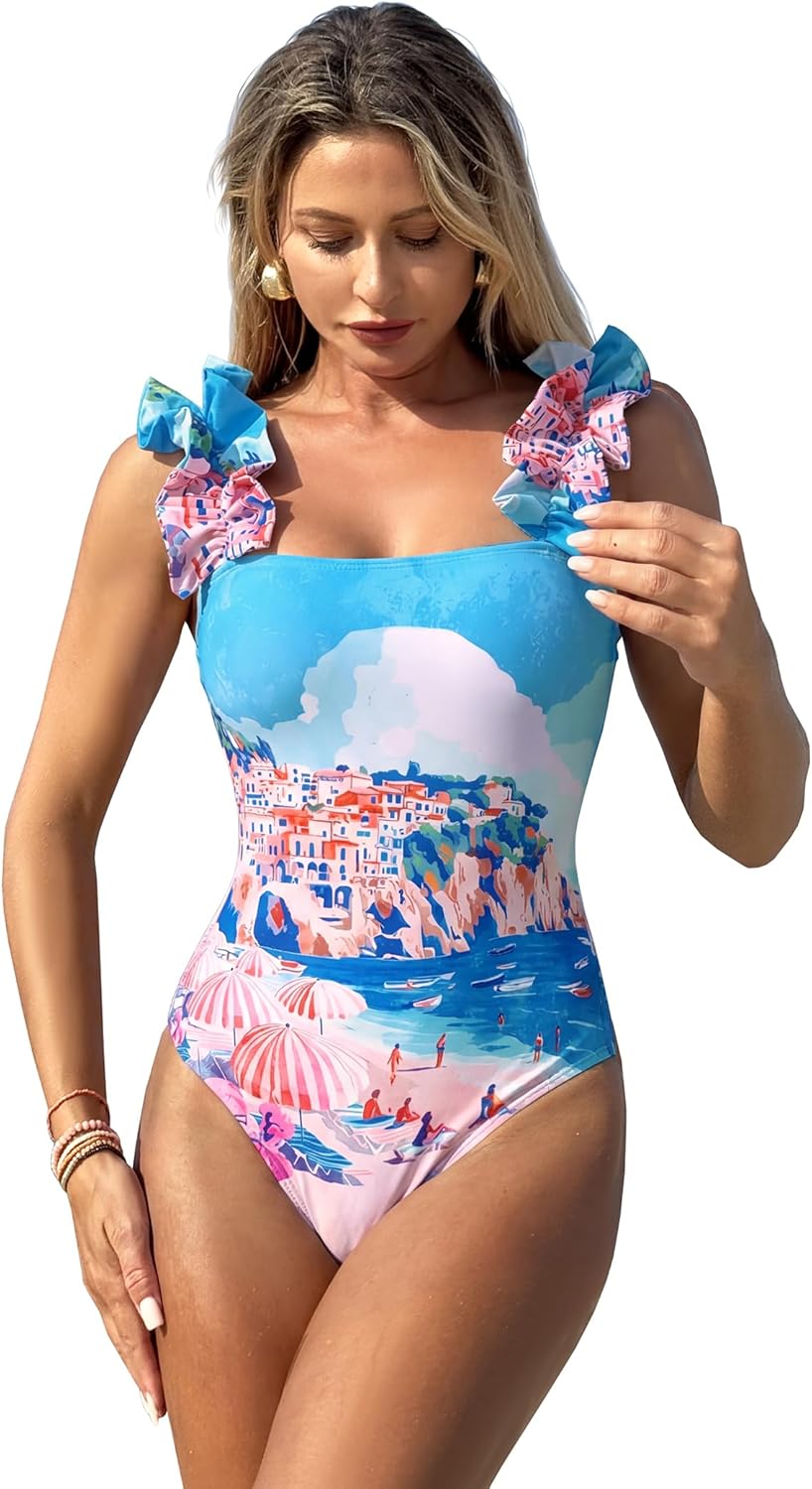 SPORLIKE One Piece Swimsuit Women Ruffle Adjustable Straps Bathing Suit Padded Swimwear