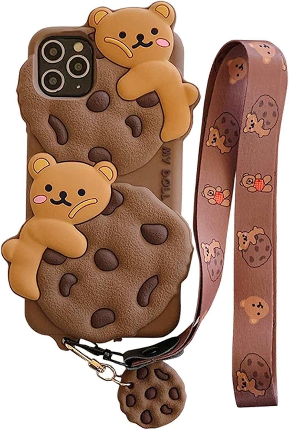 SGVAHY Cute iPhone 12 Pro Max Case with Lanyard Keychain, Kawaii 3D Cartoon Bear Cookie Soft Silicone Shockproof Protective Case for Women Girls - Khaki