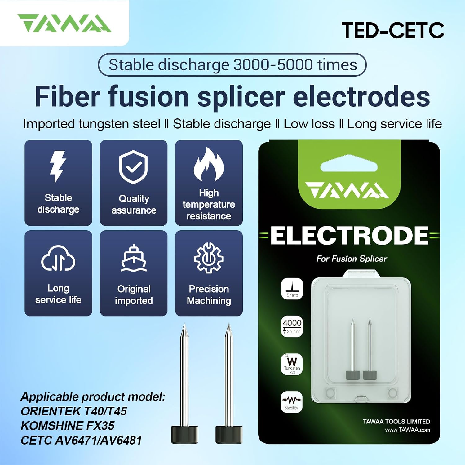 Fiber Optic Fusion Splicer Electrodes Suit for Fiber Splicer Orientek T45, Komshine FX37 Splicing Machine. Fiber Optic Electrodes with Stavle Discharge 3000-5000 Times