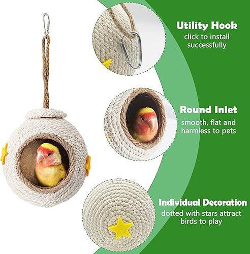 Vista 11 de Tfwadmx Casa colgante para pájaros con escalera, fibra de coco natural, nido de pájaros, conchas de coco, escondite, agapornís, columpio, juguetes