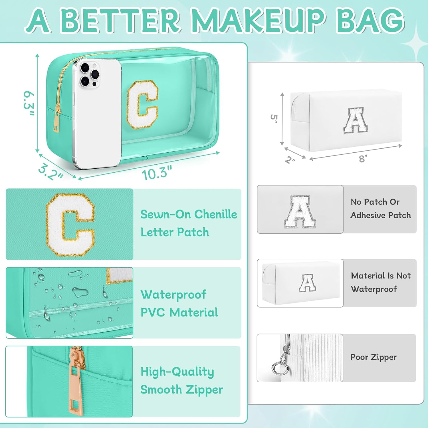 Initial Clear Makeup Bag, Birthday Gift Chenille Patch Cosmetic Bag image 2