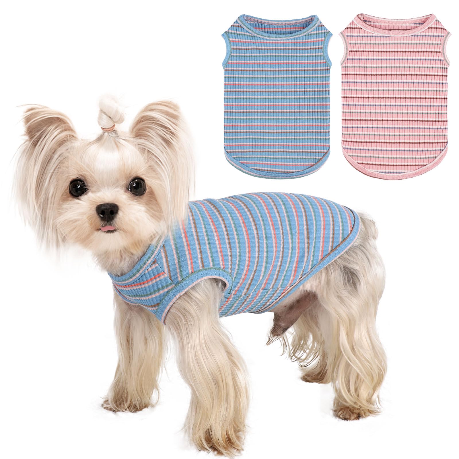 2Pack Dog Shirts for Small Dogs Girl Boy Striped Dog Shirt Vest Soft Stretchy Puppy Clothes Sleeveless Colorful Sweatshirt Small Puppy Outfit for