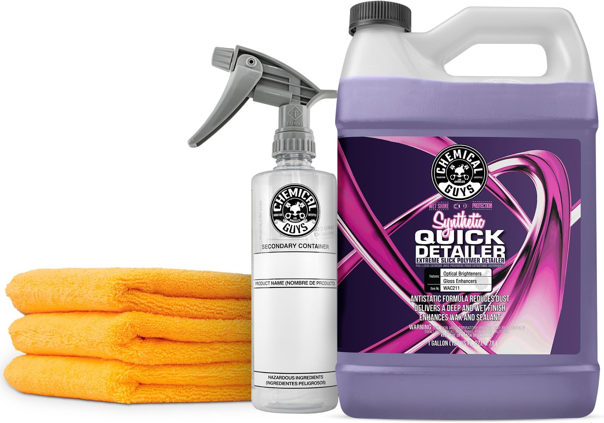 Chemical Guys WAC211 Synthetic Quick Detailer, Safe for Cars, Trucks, SUVs, & More, 128 fl oz + ACC151 Dilution Spray Bottle, 16 oz + MIC_506_03 Microfiber Towels, Gold (16" x 16") Pack of 3