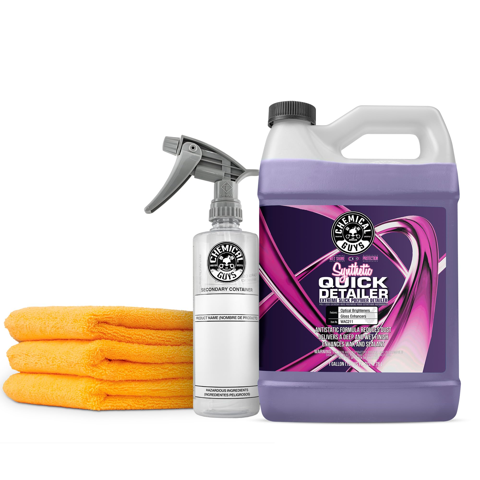 Chemical Guys WAC211 Synthetic Quick Detailer, Safe for Cars, Trucks, SUVs, & More, 128 fl oz + ACC151 Dilution Spray Bottle, 16 oz + MIC_506_03 Microfiber Towels, Gold (16" x 16") Pack of 3