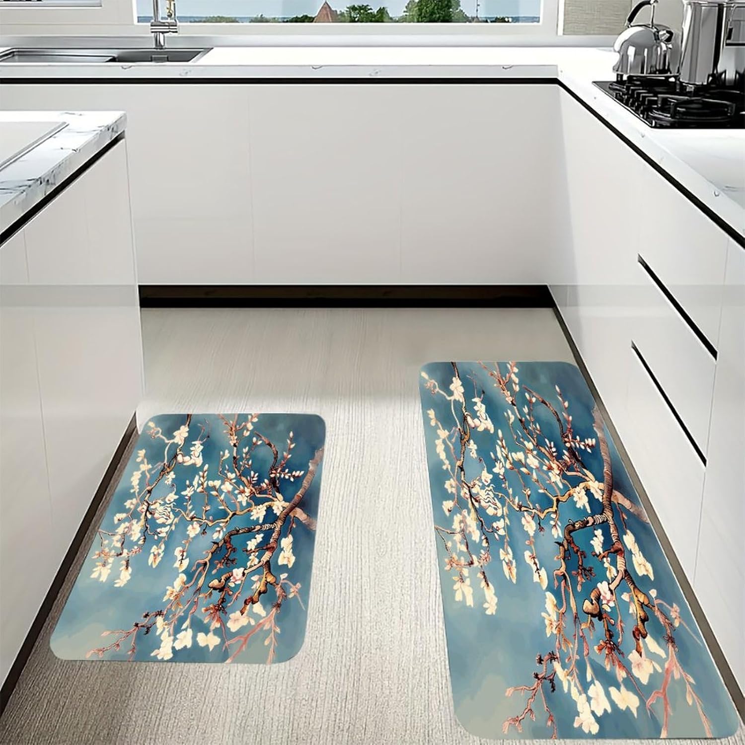 Almond Blossom Kitchen Mat Set of 2 Ergonomic Comfort Velvet Rugs Cushioned Anti-Fatigue Non-Slip Standing Mats Thick Kitchen Floor Mat Carpet Runner Rugs 16"×24"+17"×47"