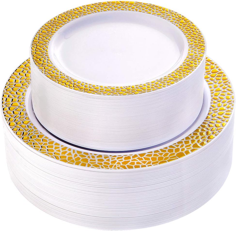 WDF 102pcs Gold Plastic Plates -White with Hammered Design Disposable Wedding Party Plastic Plates Include 51 Plastic Dinner Plates 10.25inch,51 Salad/Dessert Plates 7.5inch