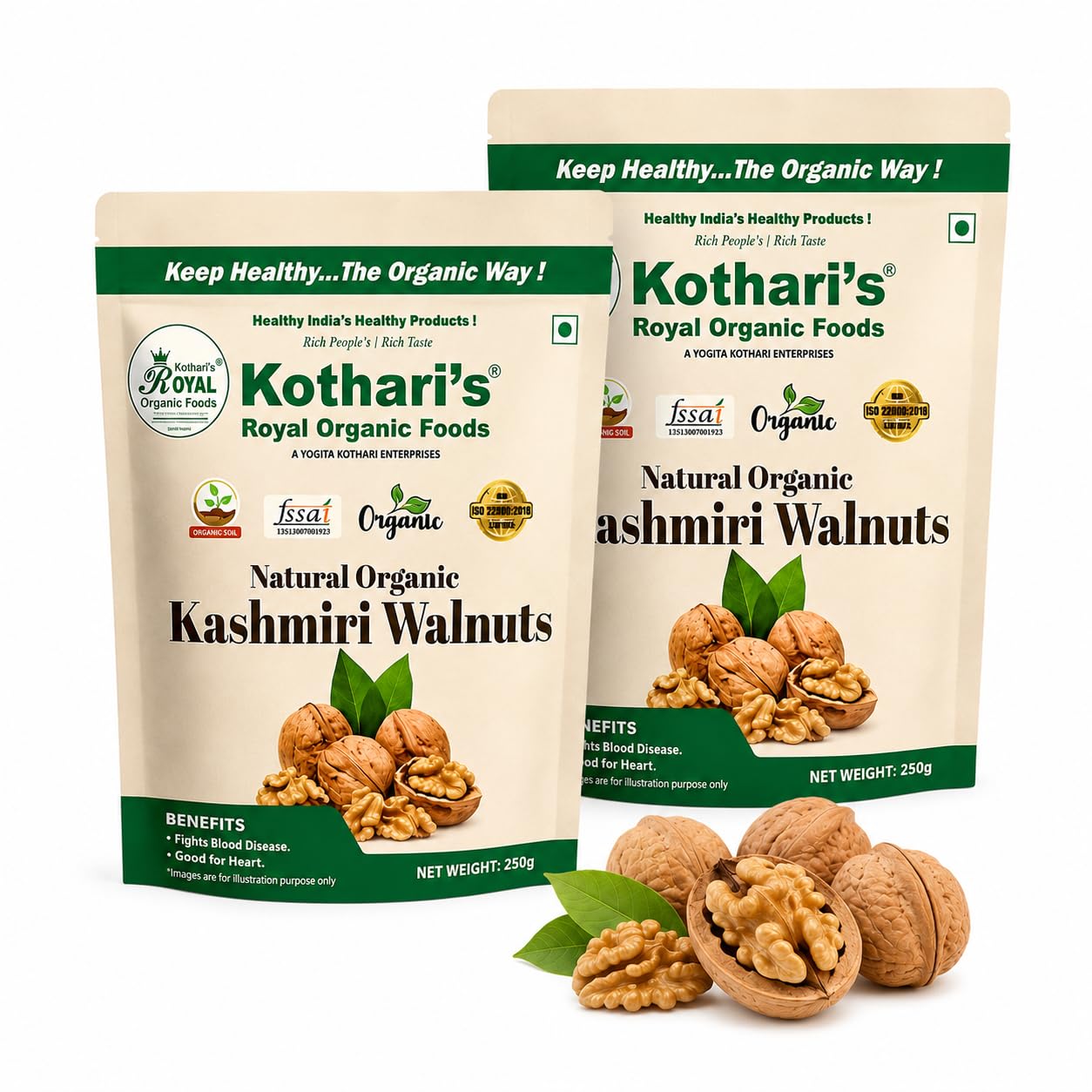 Kothari’s Royal Organic Foods Kashmiri Walnuts Pack of 2 (200g Each) | अक्रोड Natural Organic Akhrot Kernels | Premium Quality California/Kashmiri Walnuts | Rich in Omega-3 & Protein |