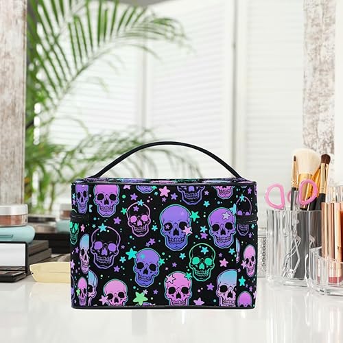 Miniatura 4 de Bolsa de maquillaje, bolsa organizadora de maquillaje de viaje con estampado de leopardo rosa, neceser para niñas, mujeres y mujeres, Calaveras 229