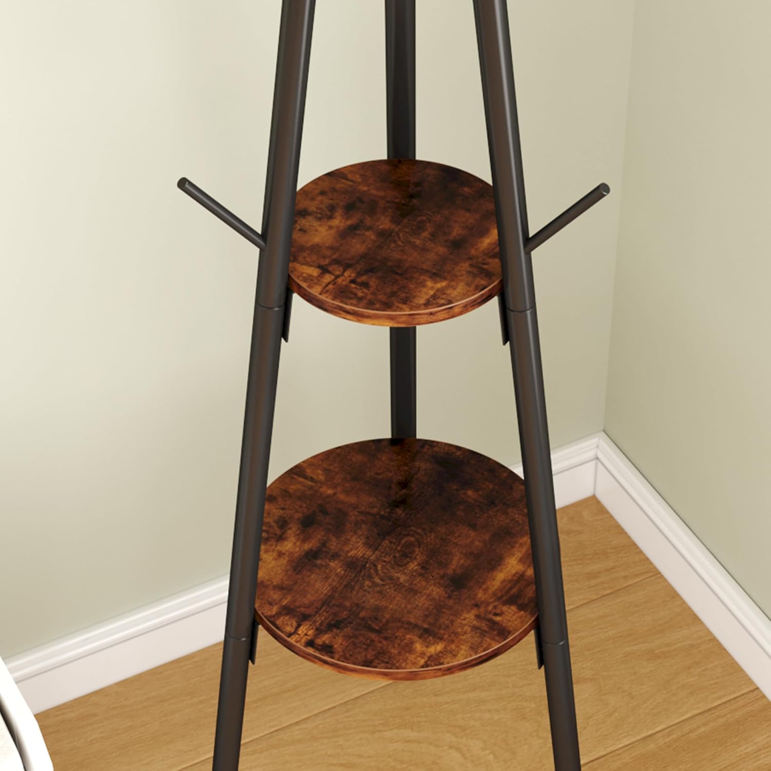 HOMEFORT Coat Rack, Coat Hanger Stand with 2 Shelves, Freestanding Hall Tree, Metal Hat Hanger with 12 Hooks for Clothes Hats and Scarves, Black and Rustic Brown,15.7" Wx15.7 Dx72.8H