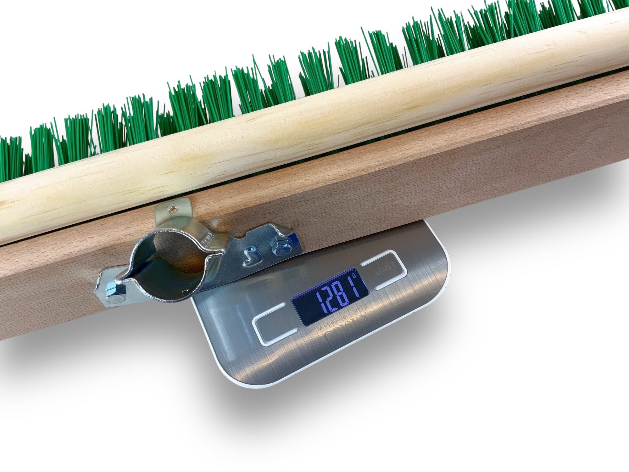 Balai de Jardinage 60 cm Manche Bois 1,40 m Fibre PVC Verte Résistante Sortie 70 mm Kibros VC218M