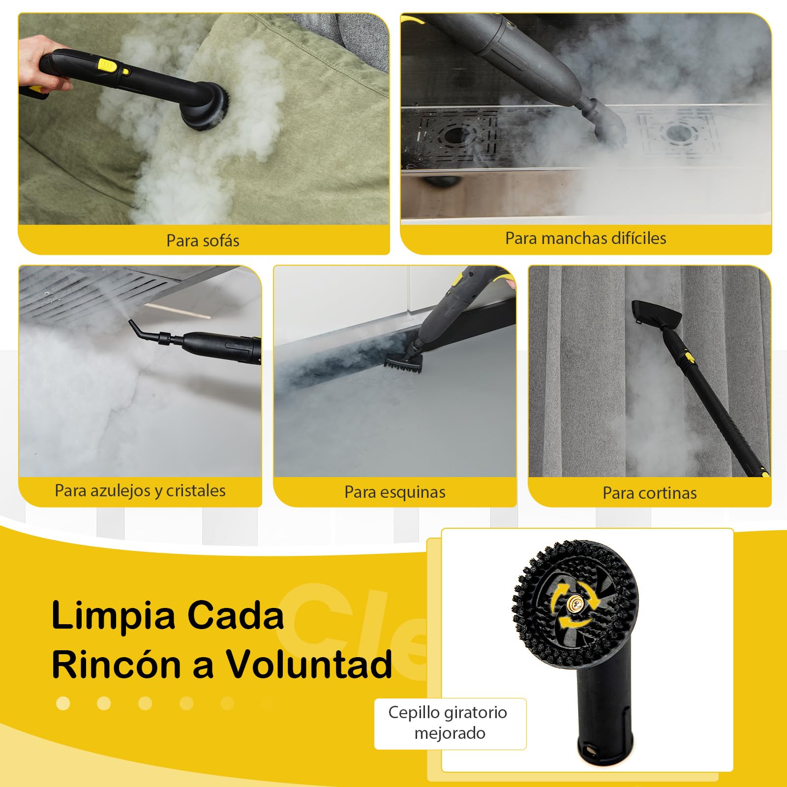 GOPLUS Limpiador a Vapor de 2000 W, Máquina de Limpieza de 1,8 L de Capacidad de Agua con 15 Accesorios, Escoba de Vapor para Alfombras, Sofá, Vidrio y Manchas Difíciles (Amarillo)