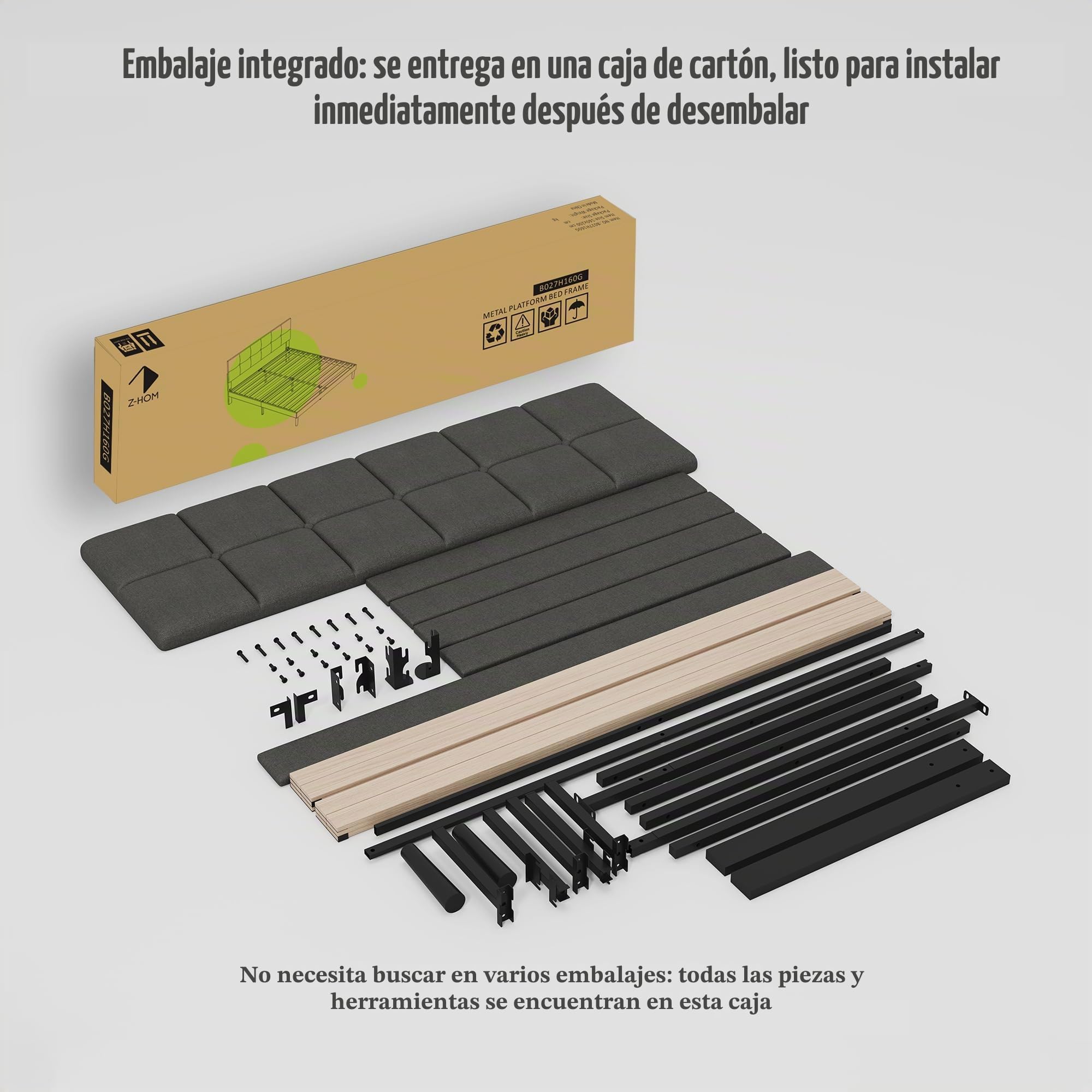 Z-hom Marco de Cama Tapizada de 160 x 200 cm Camas de Matrimonio con Cabecero Regulable en Altura Estructura Estable con Listón de Madera
