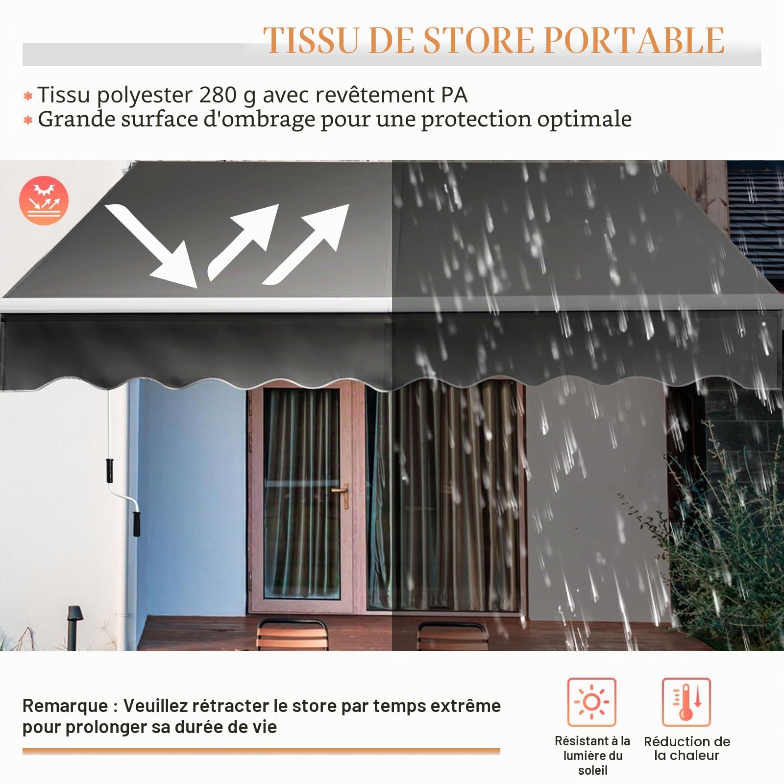 HOMASIS Store rétractable 2,5 x 2/3 x 2,5 m, Store banne avec Protection UV & Eau, Store à Bras articulé avec manivelle, Angle réglable de 40 à 100° pour Balcon Jardin,terrasse (Gris, 245 x 200 cm)