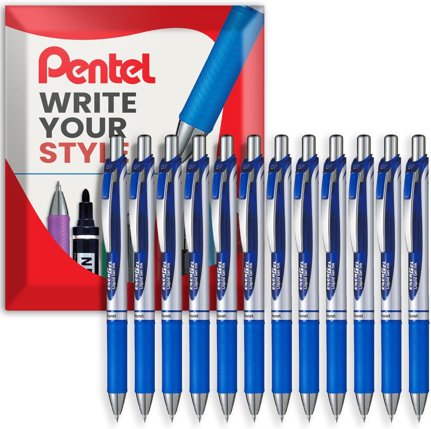 Pentel EnerGel XM BL77 - Retractable Liquid Gel Ink Pen - 0.7mm - 54% Recycled - In Pillow Packaging (Blue Pack of 12)