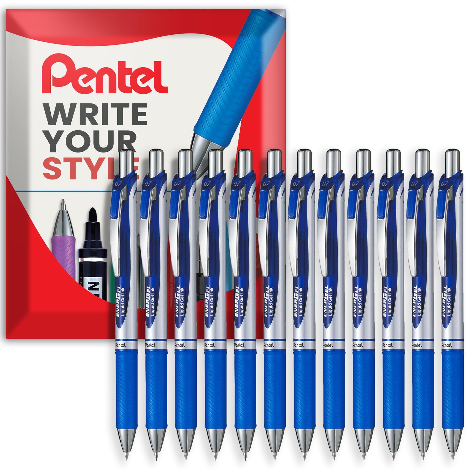 Pentel EnerGel XM BL77 - Bolígrafo retráctil de tinta de gel líquido, 0,7 mm, 54 % reciclado, tinta azul, paquete de 12 en cartera