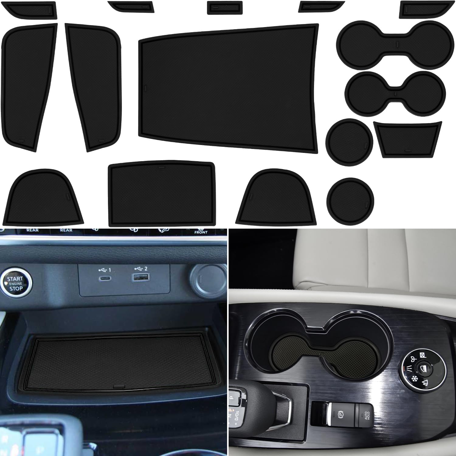 Center Console Liner for Nissan Rogue Accessories 2021-2023 2024 2025, Cup Holder Mat, Door Pocket Pad, Coaster Trim, Non-Slip Dust Interior, Custom Rubber Decoration Insert (17 Pcs, Black Trim)