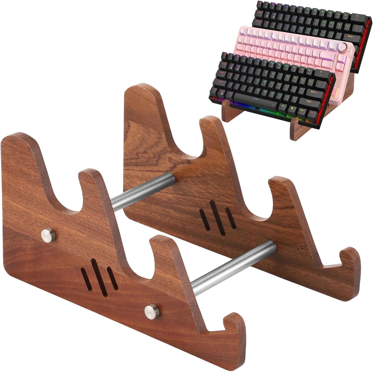3-Tier Keyboard Stand, Wooden Mechanical Keyboard Holder, Stepped Design, Desktop Display For 3 Keyboards, Space-Saving