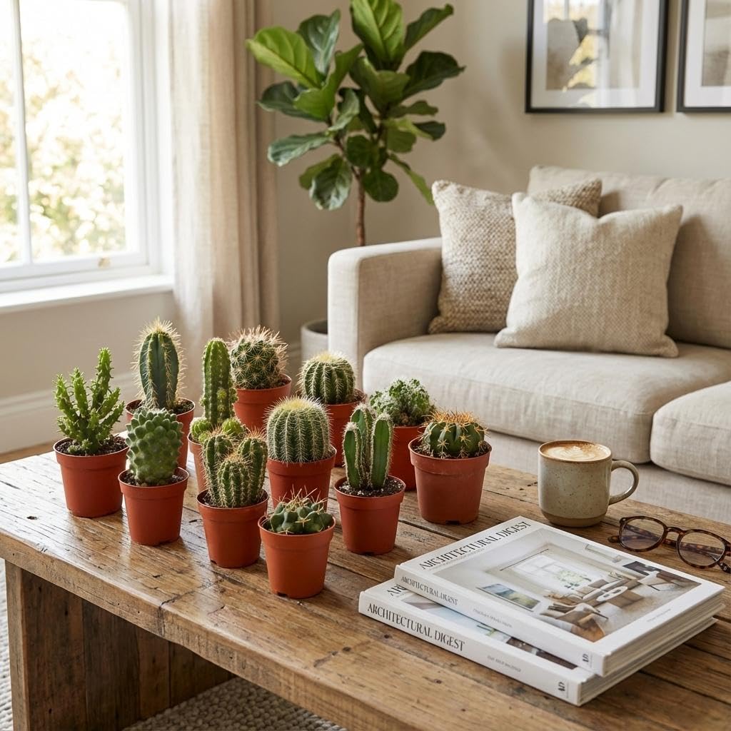 Set di Mini Cactus, Piante Grasse da Interno, Verdi, 12 Pezzi, Ø 5.5 cm