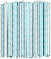 Vista 2 de ALINK Pajitas de papel biodegradables azul claro y blanco, paquete de 100 pajitas de fiesta para jugos, cócteles, batidos, cumpleaños, bodas