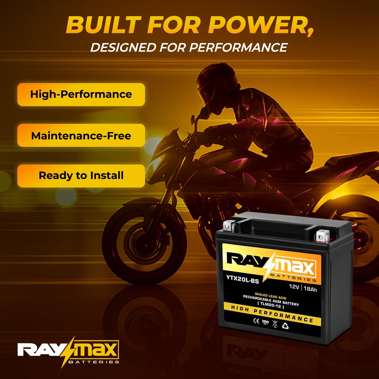 YTX20L-BS 12V 18Ah AGM Battery – High Performance Powersports Battery for Motorcycles, ATVs, UTVs, Snowmobiles – Maintenance-Free, 300 CCA, OEM Fit | Dimensions: 6.88"L x3.42"W x6.10"H.