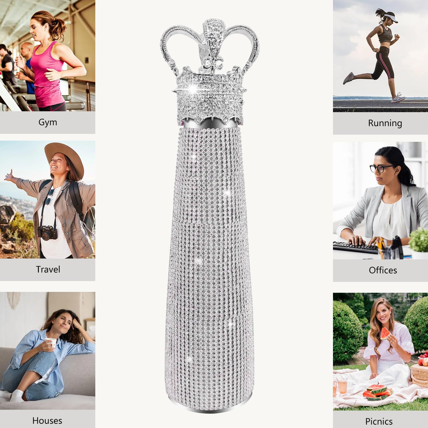 Diamond Water Bottle Bling Rhinestone Stainless Steel Thermal Cup 17oz Queen Crown Vintage Insulated Water Bottle Gifts for Women (500ML), Silver