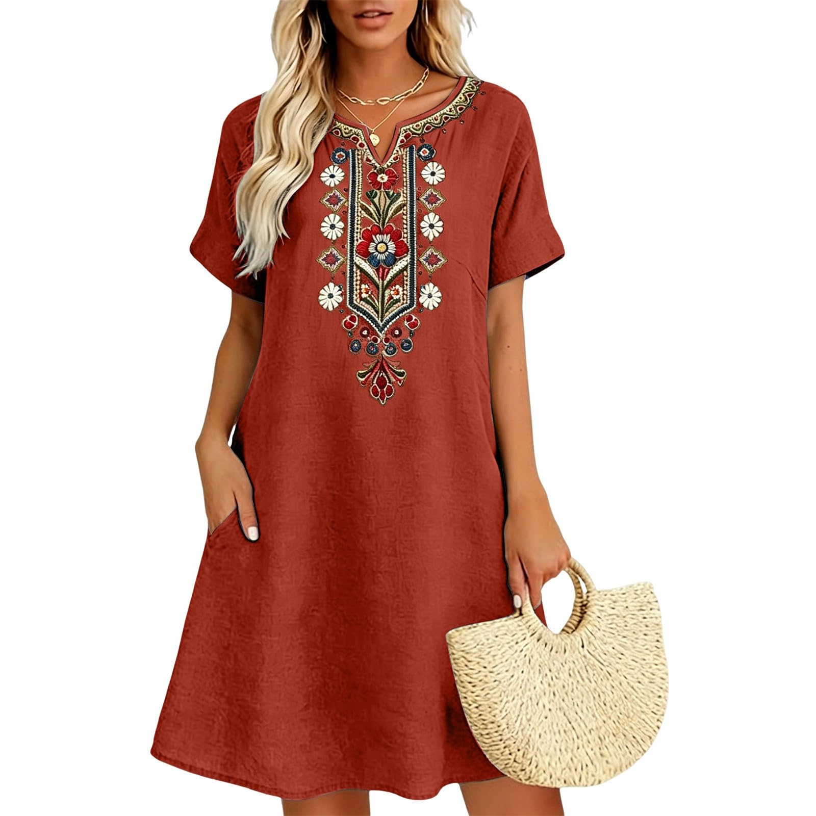 Vestidos de mujer de verano midi aireados vestidos de verano ligeros hasta la rodilla vestido de playa vestido informal midi vestido bohemio suelto vestido de playa sin mangas cuello redondo
