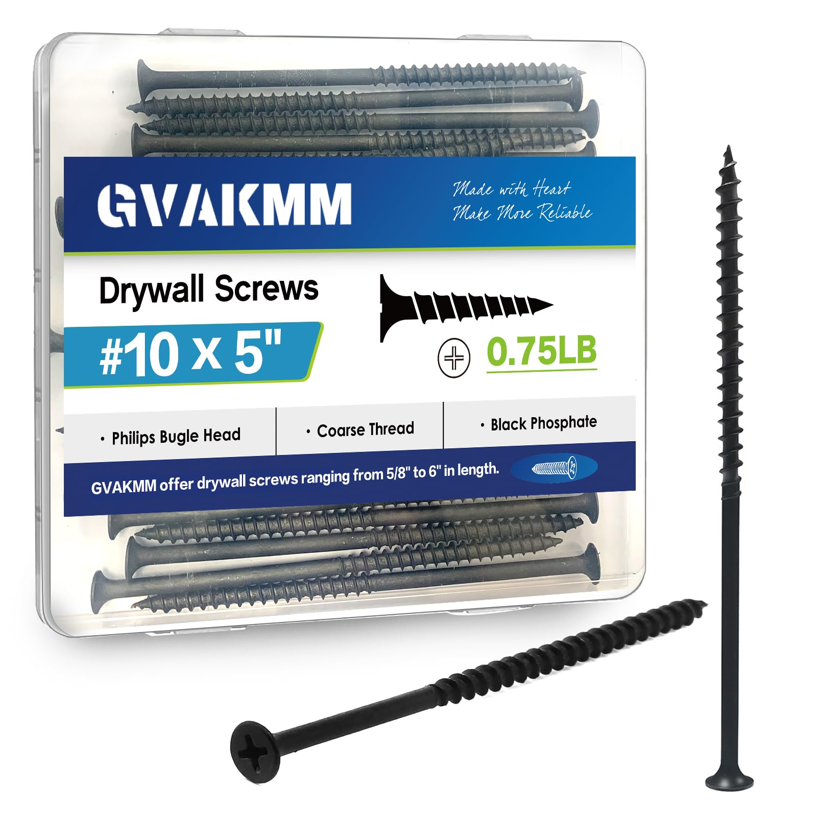 GVAKMM 0.75LB (32pcs),#10x5''Drywall Screws,Black Wood Screws,Coarse Thread,Phillips Bugle Head,Sharp Point,Long Screws for Wood,Sheetrock and More (5