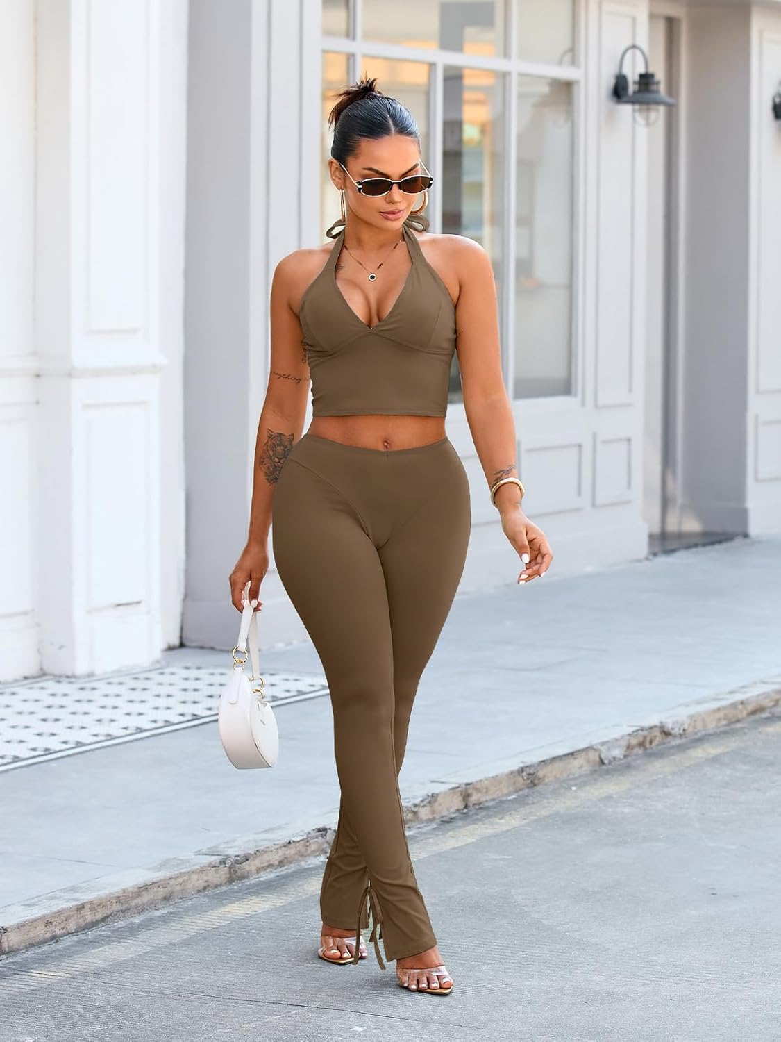 Women's 2 Piece Sexy Outfits Backless Halter Crop Top and Bodycon Pants Set - Image 4