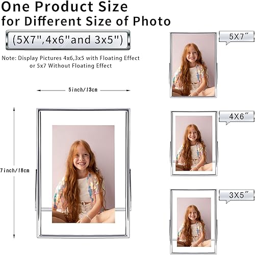 Miniatura 4 de Hermoso marco de fotos flotante de 5 x 7 pulgadas, 7 pulgadas de metal vertical plateado estante de escritorio de vidrio real para regalos de