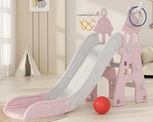 XJD Juego de toboganes y columpios 6 en 1 para niños pequeños de 1 año, juego para exteriores con aro de baloncesto, columpio, patio de juegos al