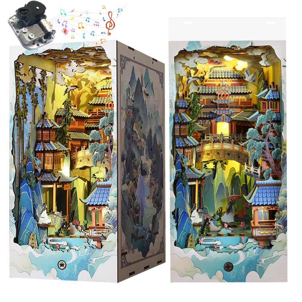 Cjeuxnr DIY Book Nook Kit, Miniature Chinese-Style Pavilion Book House Model Building,3D Wooden Puzzle Bookends Insert Decor,with Sensor Light and Dust Cover,Stand Bookshelf for Home, 1, Clear