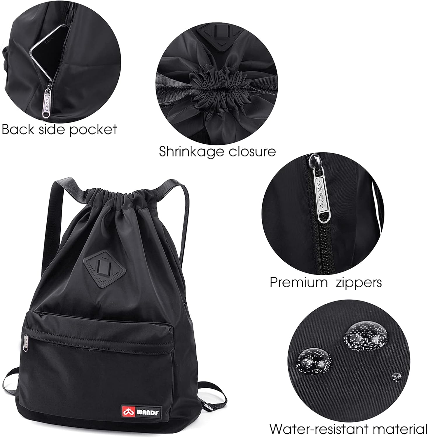 WANDF Drawstring Backpack with Shoe Pocket, String Bag Sackpack Cinch Water Resistant Nylon for Gym Shopping Sport Yoga (Black with shoe pocket) : Clothing, Shoes & Jewelry