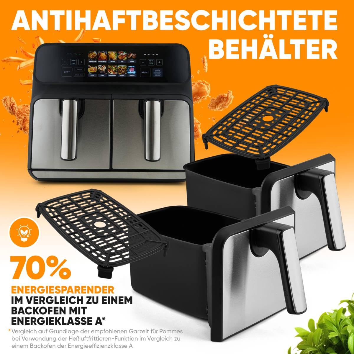 Proficook, Dwukomorowa frytkownica na gorące powietrze 8 l PC-FR1287H, 2 pojemniki 4 l, stal nierdzewna, 9 programów automatycznych, oszczędzanie energii, automatyczne wyłączanie