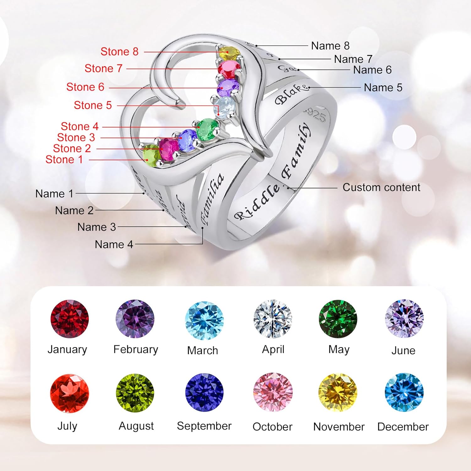Customized Sterling Silver Ring for Women Adorned with 1-8 Birthstones Heart-Shaped Design Hand-Etched Names A Timeless Treasure Gift for Mom Grandma Wife Treasured on Mother's Day Christmas Birthday