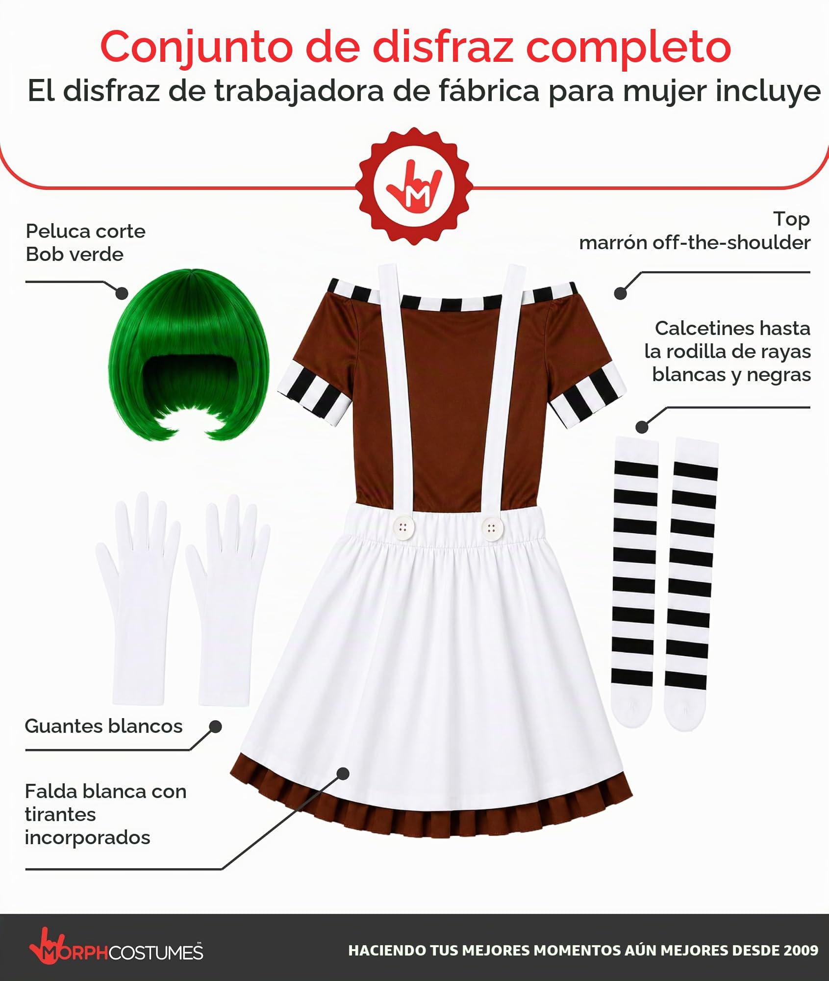 Fun Shack Disfraz Trabajadora Fábrica Chocolate Mujer y Peluca, Disfraces Personaje Película, Disfraz Halloween y Carnaval