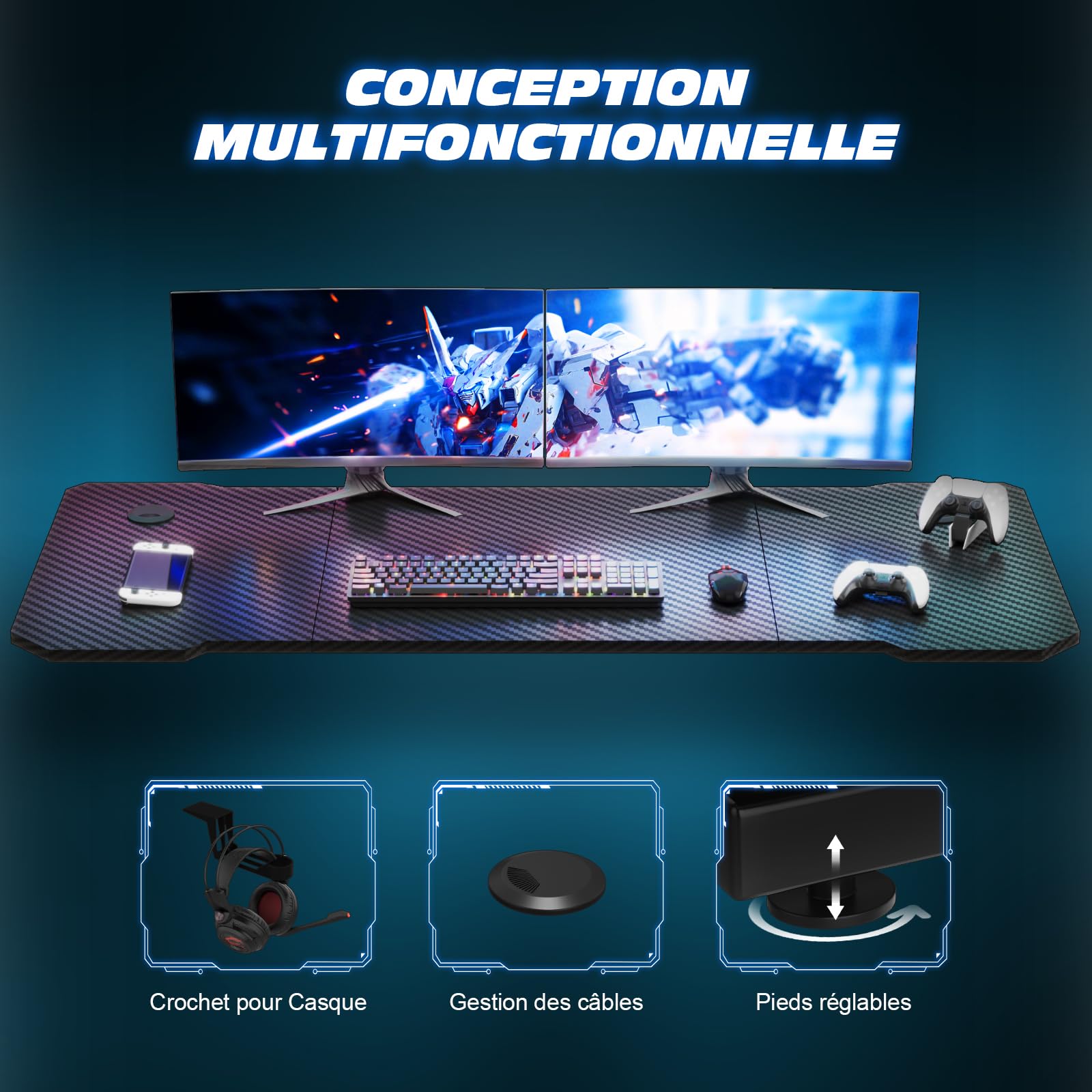 TRIUMPHKEY Bureau Gaming, 120x60CM Table de Jeu, Bureau Robuste pour Ordinateur Ergonomique,Surface en Fibre de Carbone,Crochet pour Casque et Gestion des câbles,Cadre en Forme Z Moderne, Carbon Noir