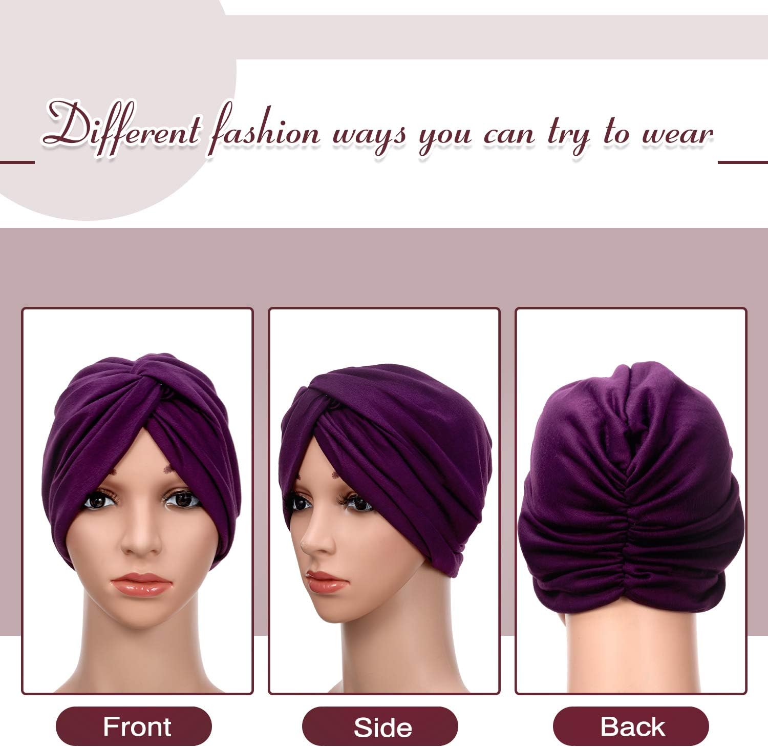 SATINIOR 4 Pieces Turbans for Women Soft Pre Tied Knot Fashion Pleated Cancer Turban Cap Chemo Headwrap Sleep Hat, 4 Colors - Image 6