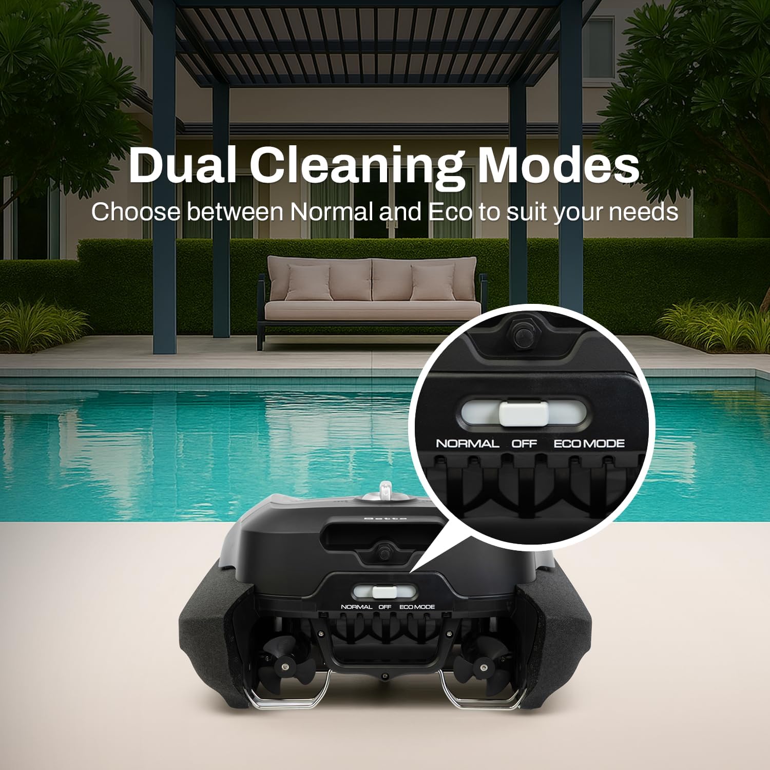 Close-up of the Betta Flex skimmer's control switch showing Normal, Off, and Eco Mode options