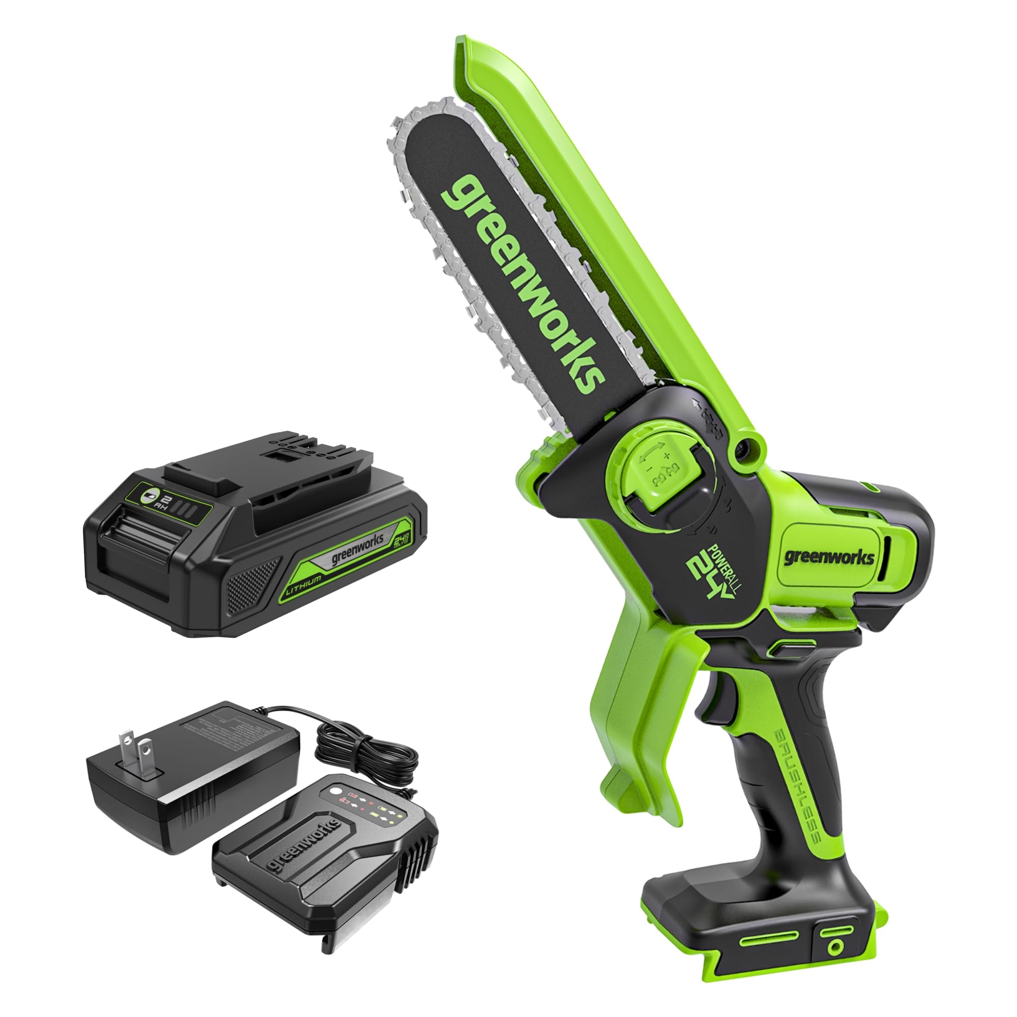 Greenworks 24V 6" Mini Chainsaw Cordless , Small Cordless Handheld Saw, 2.0Ah Battery and Charger Included, for Tree Trimming Wood Cutting, Best Gifts for Dad, Husband