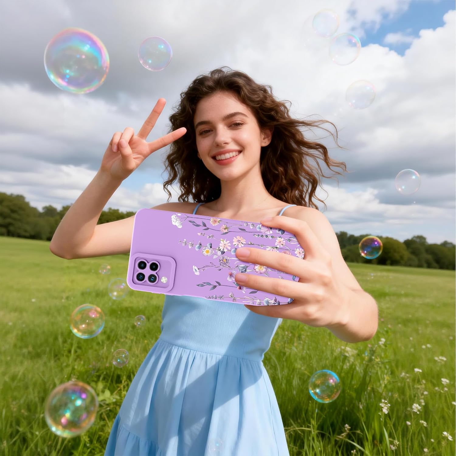 for Samsung Galaxy A12 Phone Case, Fashion Flower Pattern Design Girls Women Liquid Silicone Cover, Slim Shockproof and Scratch-Resistant Soft Case for Samsung A12 - Purple - Image 2