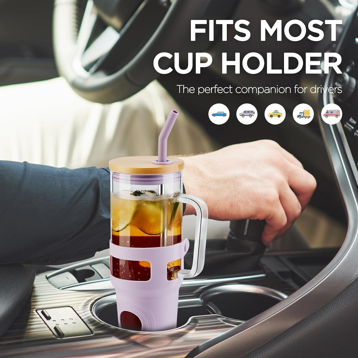 Glass Tumbler with Straw and Lid, 32oz Reusable Iced Coffee Tumbler with Handle Purple, Glass Water Bottles Fit in Cup Holder, Smoothie Cup with Lid, Clear Water Bottle with Straw - Image 9