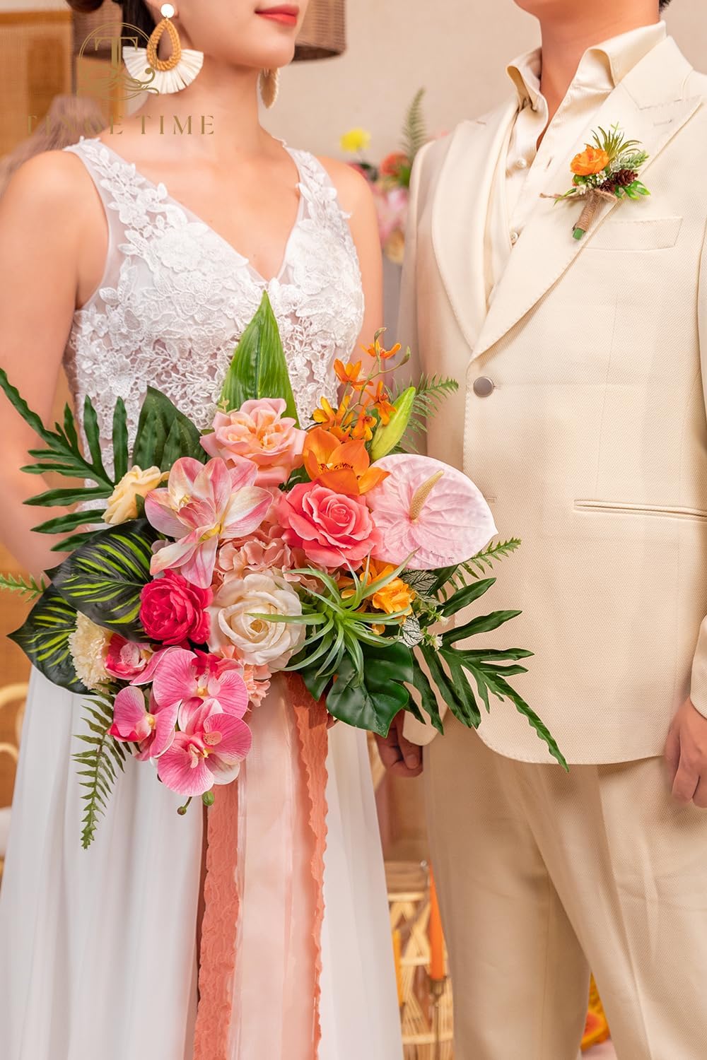 TINGE TIME 13 Inch Summer Wedding Bouquets for Bride, Bridal Bouquet for Bride, Artificial Silk Orchid for Graduation Bouquet, Fake Flowers for Wedding Ceremony and Anniversary (Tropical)