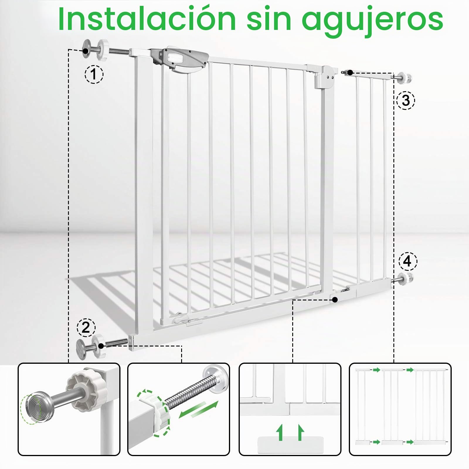 UISEBRT Rejilla protectora para escaleras, sin agujeros, para bebés de 105 a 115 cm de ancho, cierre automático, apertura con una mano, rejilla de metal, color blanco