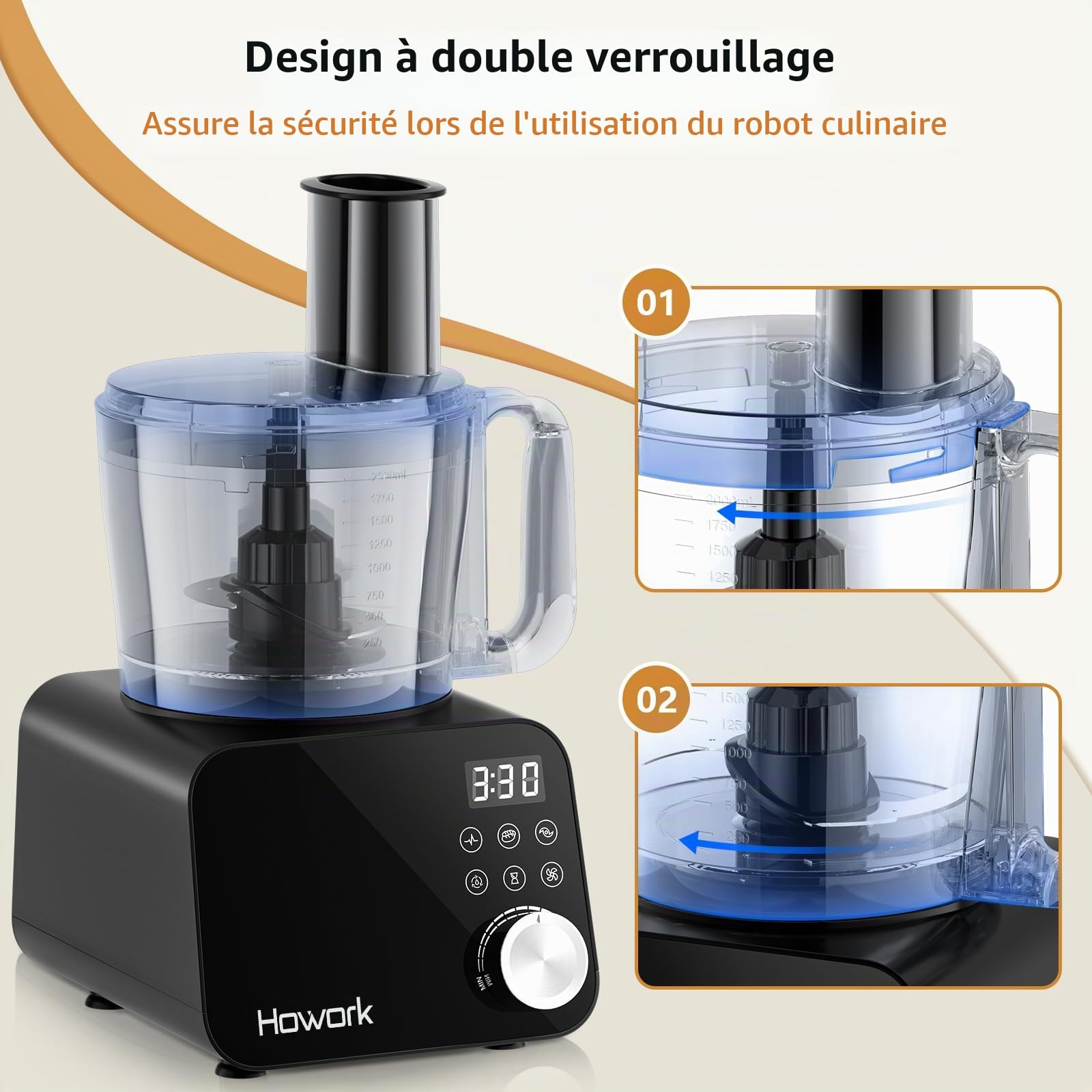 Howork robot de cuisine 1500W,Grande Capacité Robot Multifonction Cuisine, Pour Déchiqueter, Trancher,Hacher, Moudre, Faire des Smoothies, Hacher, Farcir et Faire de la Pâte, Acier Inoxydable Noir
