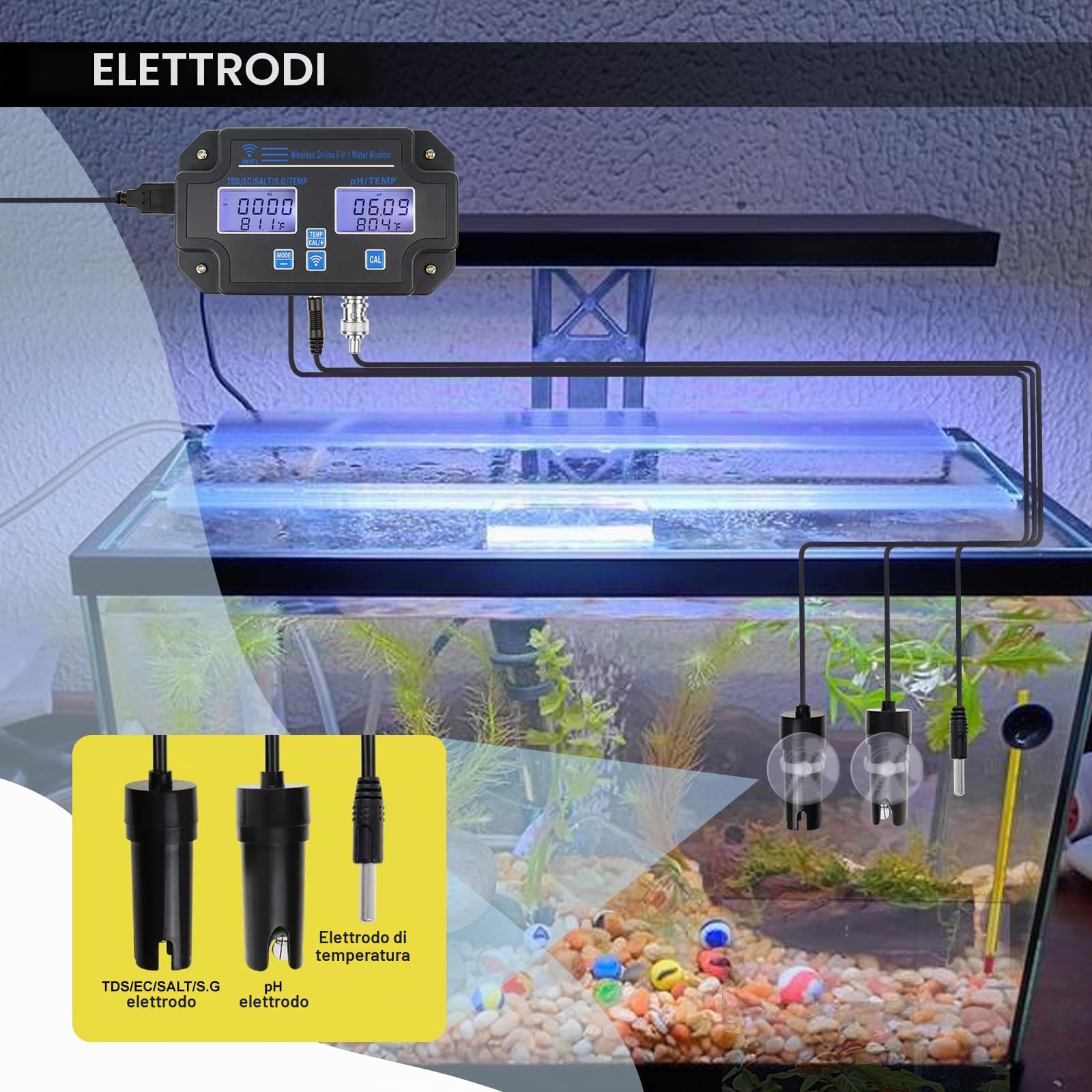 Test di qualità dell'acqua intelligente 6 in 1 – Monitor WiFi/App per pH, EC, TDS, Temperatura, SG & Sale | Avvisi in Tempo Reale | Perfetto per Idroponica, Acquari, Piscine & Acqua Potabile