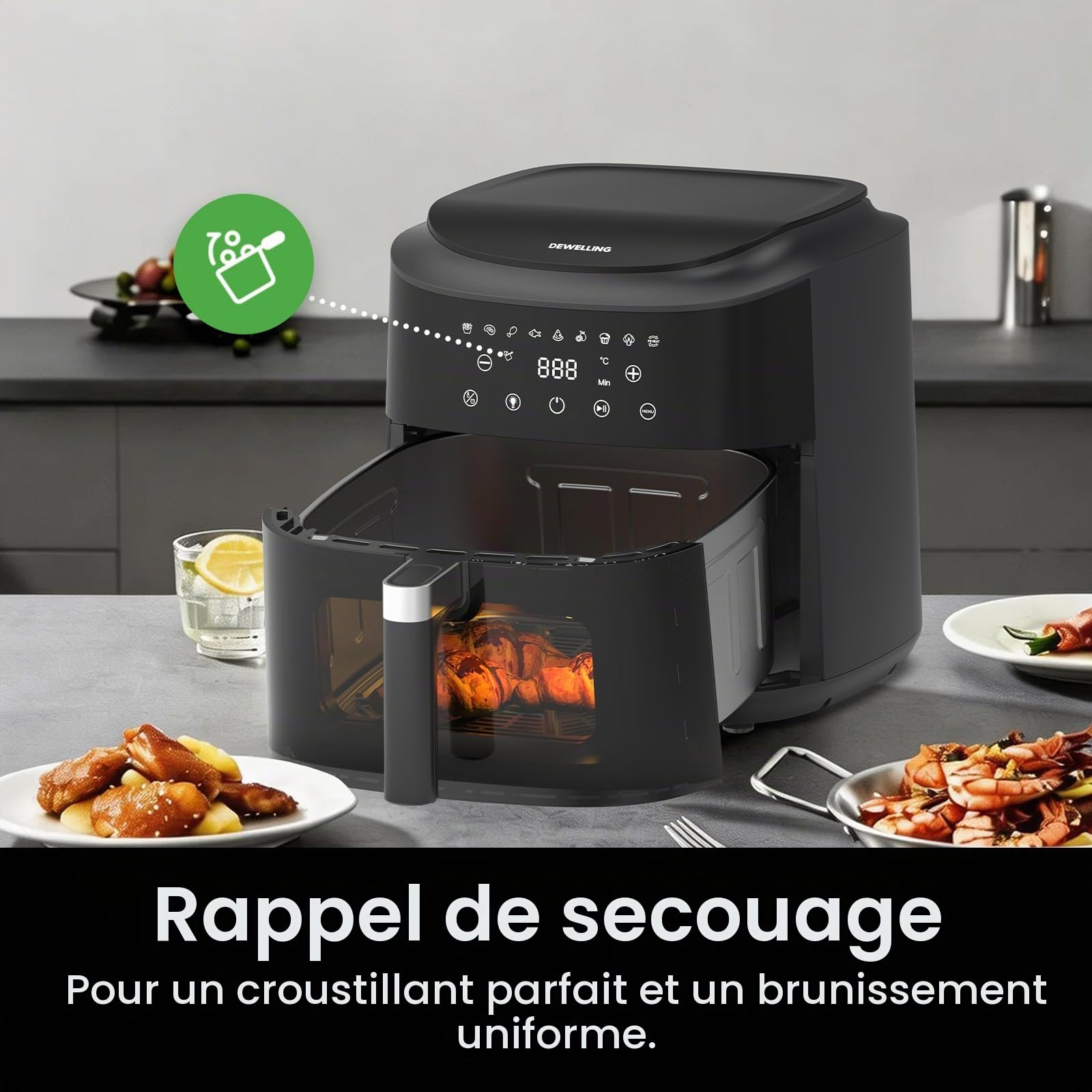 Air Fryer XXL 9L – 2350W Friteuse sans Huile pour une cuisson rapide, Friteuse à air avec Grande fenêtre, 9 Programmes, 40–200°C, Rappel Shake, Maintien au Chaud