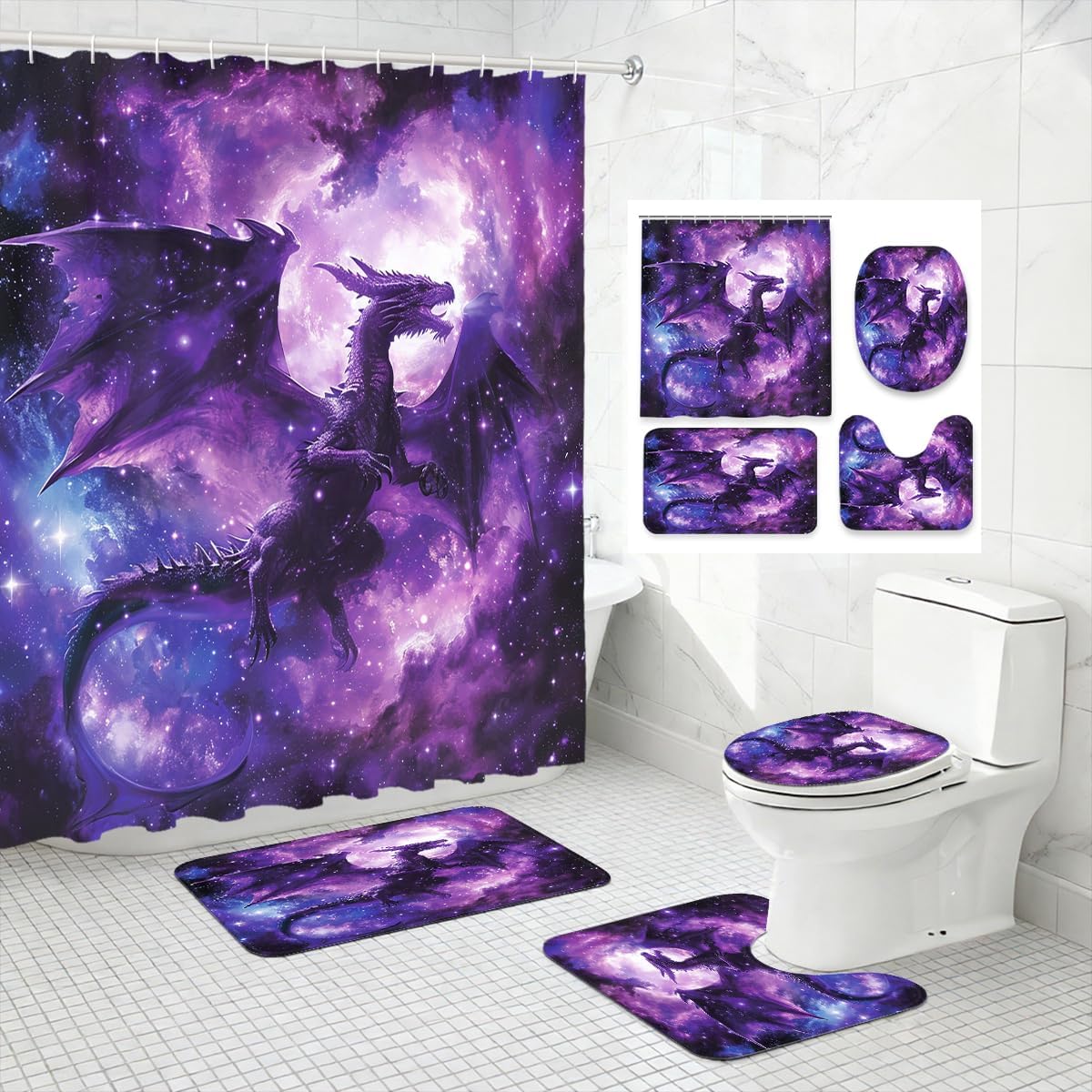 4 Piece Dragon Shower Curtain Set with Non-Slip Rugs,Toilet Lid Cover, Bath Mat Western Fantasy Medieval Magic Forest Bathroom Decor Set Accessories with 12 Hooks, 72 x 72 Inch