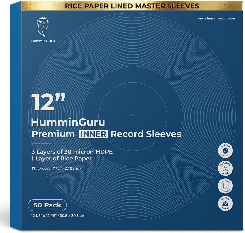 HumminGuru 3-Ply PREMIUM Inner Record Sleeves 12 Inch. Rice Paper Lined Master Sleeve. Anti-Static Vinyl Record Sleeve, Acid-Free Thick HDPE 3+1 Layer In 7 Mil, 50 Pack (12” Premium Inner Sleeves)