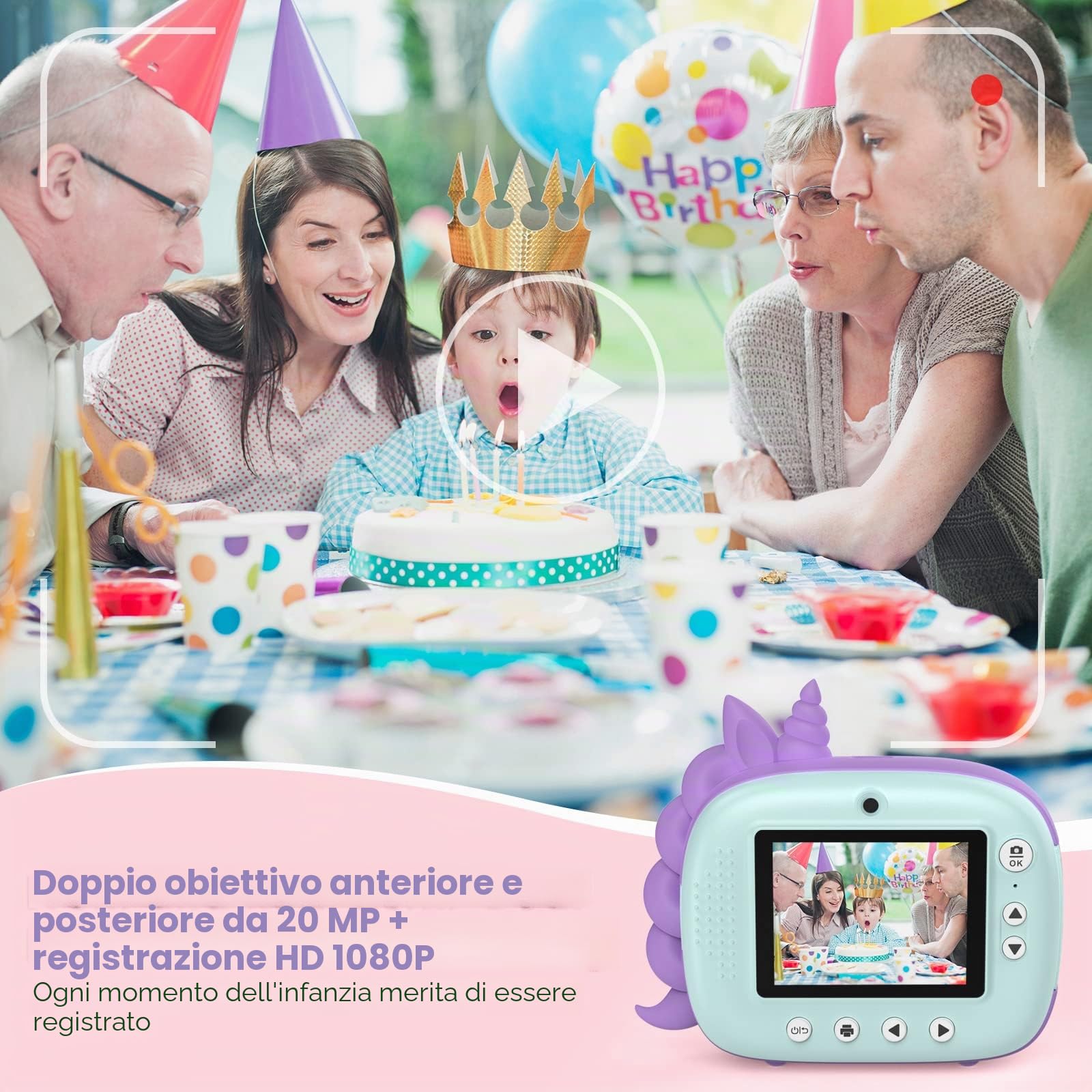HiMont Fotocamera istantanea per bambini, fotocamera digitale con carta da stampa e scheda TF da 32 G, penne colorate e clip per foto fai da te, regalo per bambini dai 3 ai 14 anni (verde)