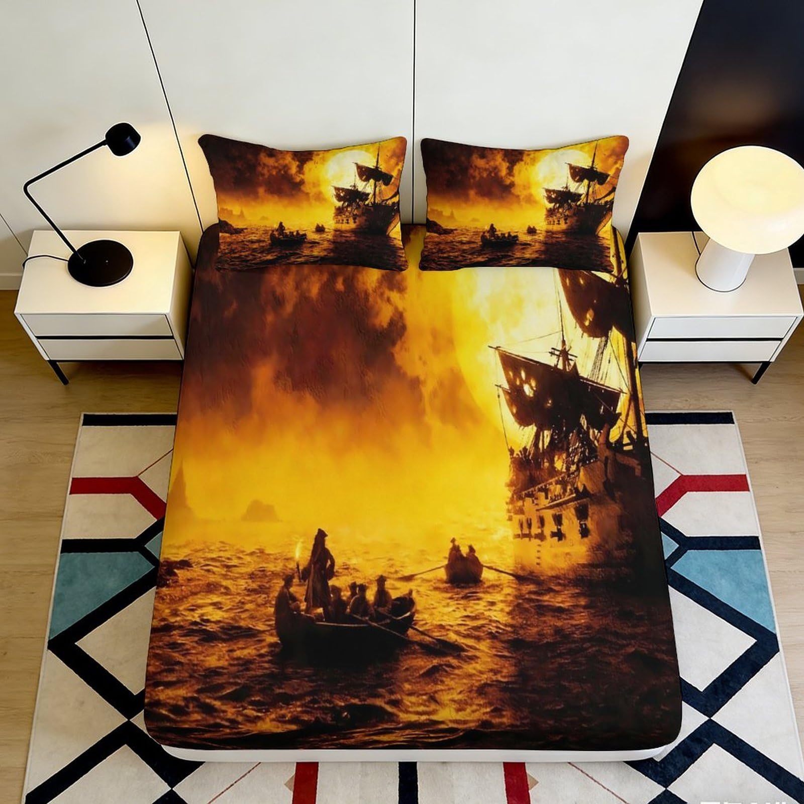 Pnayamiorkfel Style-5 3D Printed Pirate Ship Sunset Fitted Sheet Microfiber Soft Artistic Ocean Bed Cover For Bedroom Dorm Decor Protection 90X200x25cm